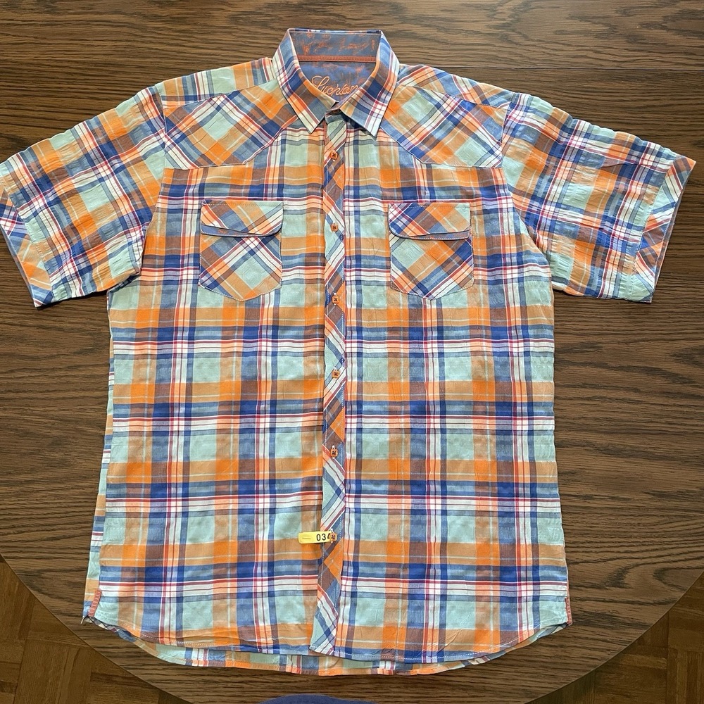 Mens Plaid Buttondown Shirt Luchiano Visconti size L  Orange, Blue, Red,‎ White